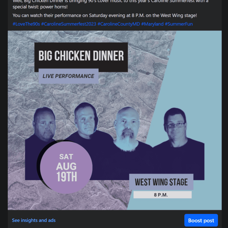 Screenshot of a popular post from Caroline Summerfest 2023 about the band, Big Chicken Dinner. (Captured in Oct. 2023)