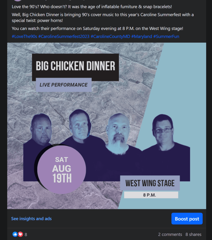 Screenshot of a popular post from Caroline Summerfest 2023 about the band, Big Chicken Dinner. (Captured in Oct. 2023)